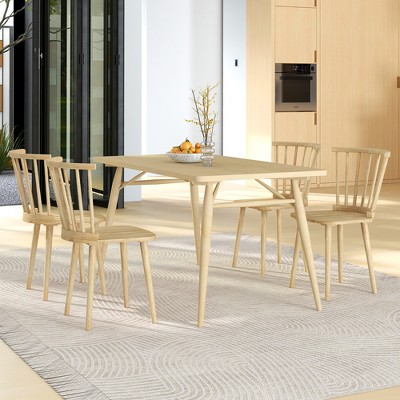Natural Rubber Wood High Back Windsor Dining Chairs, Set of 4
