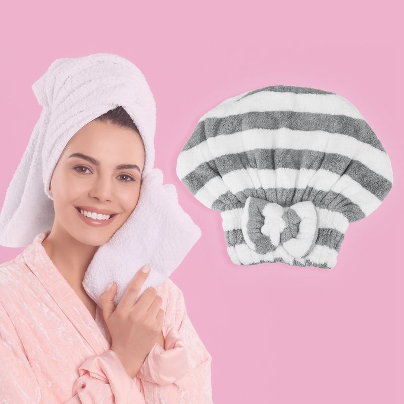 Unique Bargains Strong Absorbent Coral Fleece Stripped Hair Drying Towel Dry Cap 1 Pc, 2 of 7