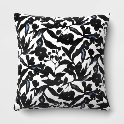 17"x17" Floral Reversible Outdoor Lumbar Pillow Jet Black - Room Essentials™