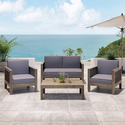 Christopher Knight Home Allegra Outdoor Acacia Wood and Wicker 4 Seater Chat Set with Cushions