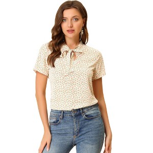 Allegra K Women's Bow Tie Neck Short Sleeve Floral Printed Chiffon Blouse - 1 of 4