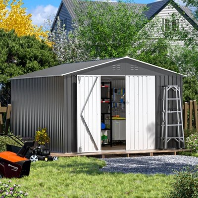 Bencmate Storage Sheds Hinge Portal Outside Storage Room With All-Weather Design Metal Tool Shed For Backyard, Off-White, 141.75"*117.72"*79.92"