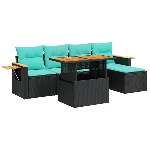 vidaXL 6 Piece Patio Sofa Set with Cushions Black Poly Rattan Acacia - 1 of 4