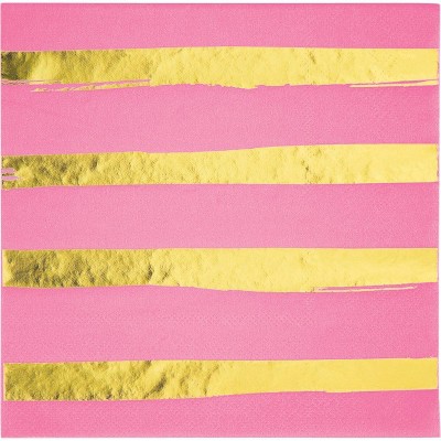 48ct Foil Striped Disposable Napkins Pink