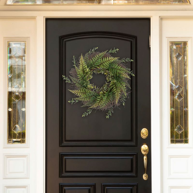 Artificial Fern Door Wreath on Grapevine Base - 21-Inch UV-Resistant Greenery with Blossoms - Slim Size for Front Porch Decor by Nature Spring (Green), 4 of 8