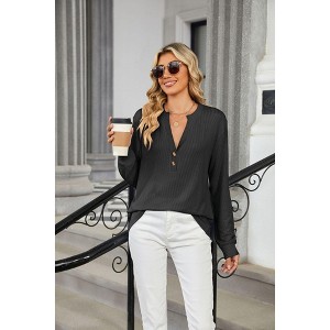 Coolmee Women's Long Sleeve Waffle Knit Shirts Dressy Casual Loose Button Up V Neck Henley Tops Fall Basic Blouse - 1 of 4