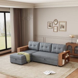 Upholstered Pull Out Sectional Sofa with Storage Chaise, Convertible Corner Couch, Dark Grey-Wooden handrail - 1 of 4