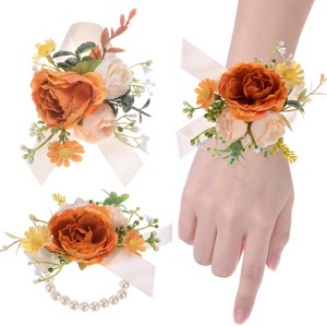 Unique Bargains Artificial Camellia Flower Wedding Wrist Corsage and Boutonnieres Set 3.5" x 4.7" 2 Pcs - 1 of 4