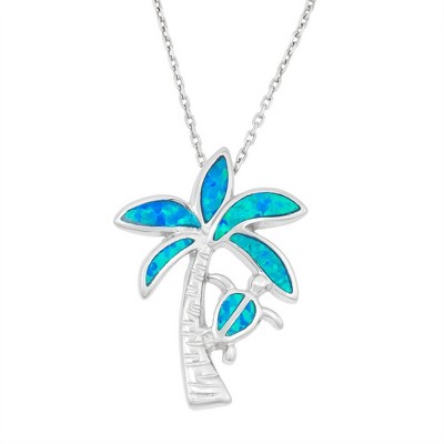 Opalata Sterling Silver Blue Inlay Opal Palm Tree with Turtle 18" Pendant Necklace - Blue