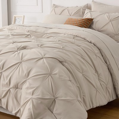 Beige Queen Microfiber 7-Piece Pintuck Bed in a Bag Set