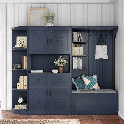 Hall Tree with Storage Cabinet, Left-Right Combination Hall Cabinet,4 in 1 Coat Rack with Shoe Bench, Entryway Storage Cabinet for Living Room