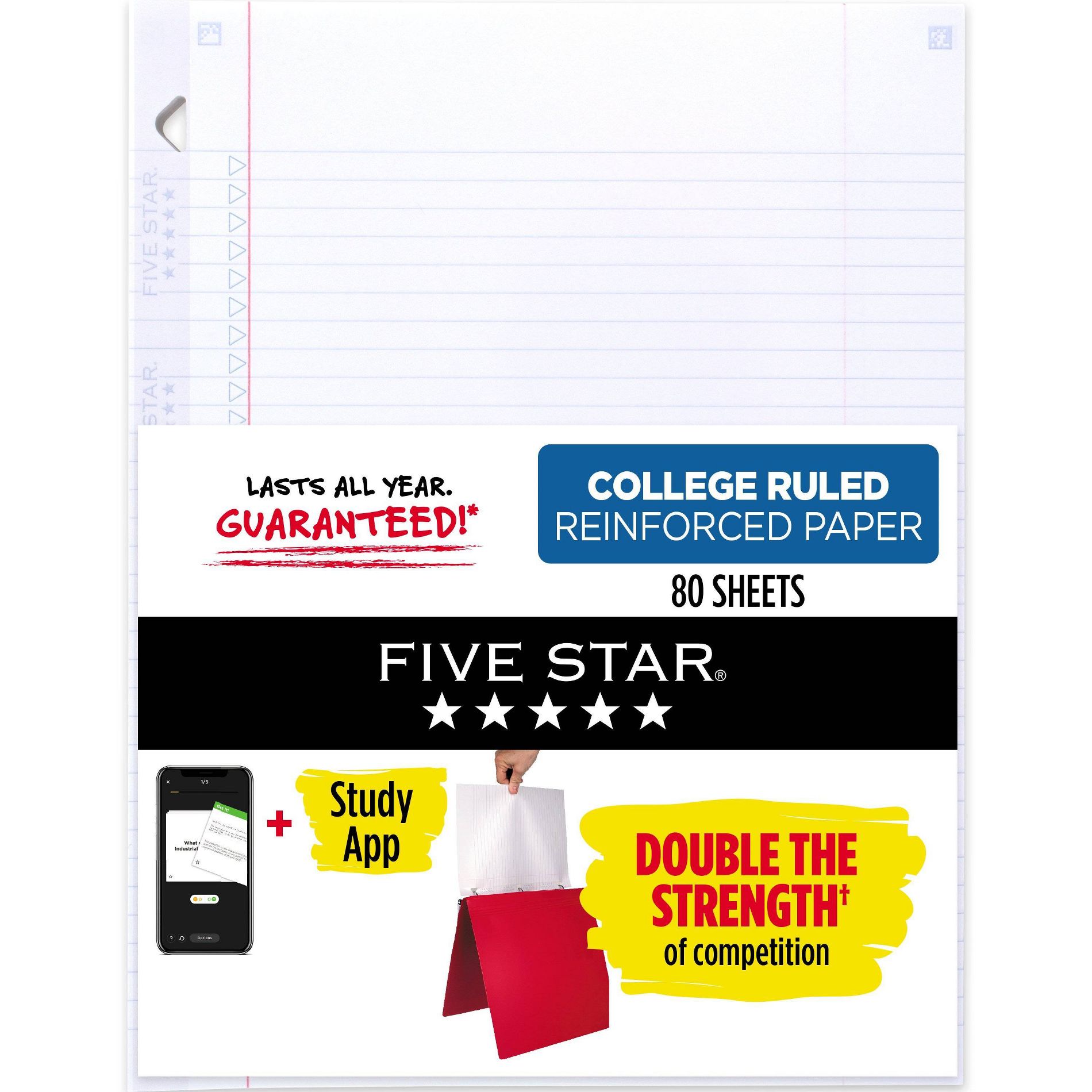 Five Star 80ct College Ruled Reinforced Filler Paper: 8.5 x 11 Inch White Loose Leaf, 80 Sheets, Stationery & Office Supplies