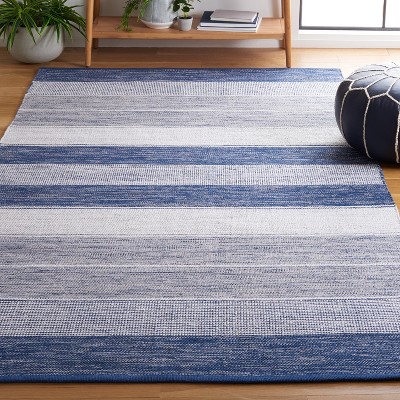 Grey and Blue Wool Cotton Striped 5' x 8' Area Rug