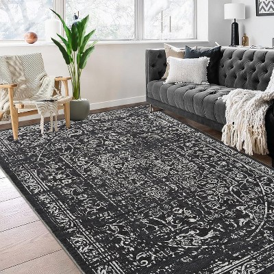 Vintage Floral Area Rug - Distressed Low Pile Non-Slip & Machine Washable Carpet for Kitchen, Living Room, Bedroom