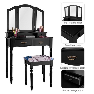 Black MDF Vanity Makeup Table with Tri-Folding Mirror and Bench