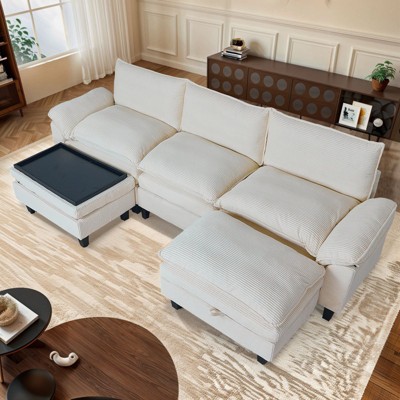 MyDepot Sectional Sofa Corduroy Cloud Couch, 3 Seats with 2 Ottomans, Beige