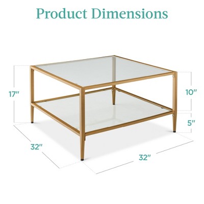 Elegant Gold 35" Square 2-Tier Glass Coffee Table