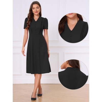 Женские платья INSPIRE CHIC Women's Short Sleeve V Neck Button Decro Pleated Business Casual A-Line Midi Dresses Large Black — фото 2
