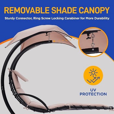 Beige Steel Hanging Chaise Lounger with Cushions and Canopy
