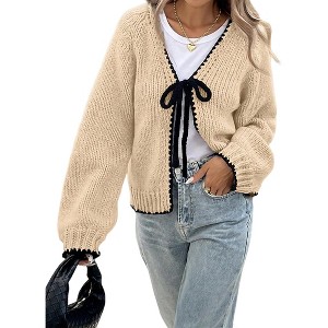 Women's Casual Knit Cardigan Front Tie Bell Long Sleeves Open Front Lightweight Sweater Cardigan - 1 of 4