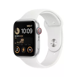 Apple Watch SE GPS + Cellular 44mm Silver Aluminum Case with White Sport Band (2022, 2nd Generation) - M/L
