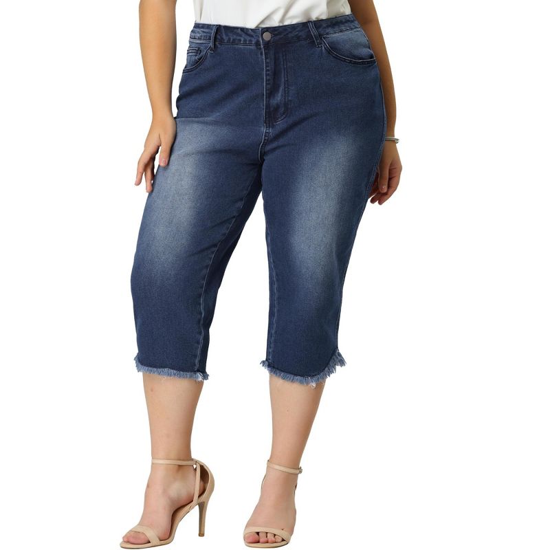 Agnes Orinda Women's Plus Size Fashion Denim Frayed Hem Washed Jeans Capri, 4 of 7