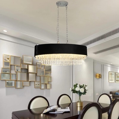 DOMETOUR 39'' Modern Crystal Chandelier, Black Velvet Shade, Adjustable Height, 8-Light G9 Base