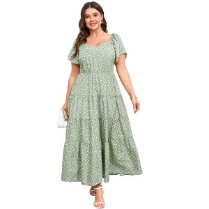 Womens Plus Size V Neck Summer Dress Layered Floral Print Long Maxi A Line Boho Dress - 1 of 4