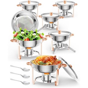 5QT round chafing dish buffet set (2-pack) in gold, NSF-certified stainless steel with lid, spoon, and tweezer, ideal for catering and events. - 1 of 4