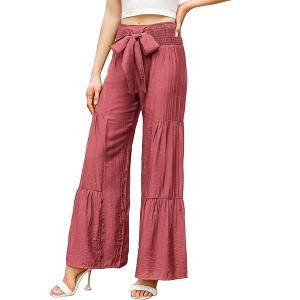 WhizMax Women's Wide Leg High Waist Pants Smocked Elastic Waist Loose Flowy Pant With Belt - 1 of 4