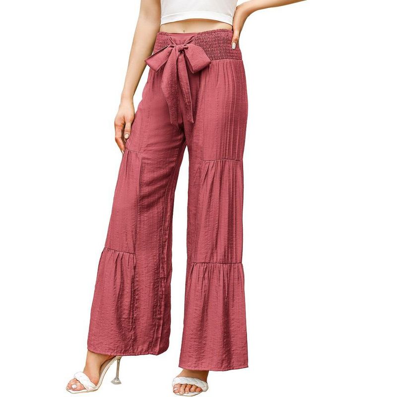 WhizMax Women's Wide Leg High Waist Pants Smocked Elastic Waist Loose Flowy Pant With Belt, 1 of 6