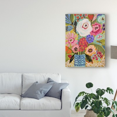 Colorful Floral Arrangement in Blue Vase Canvas Art