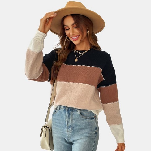 Women Knitted Sweater Pullover Long Sleeve V Neck Mixed Color School Style  Comfy