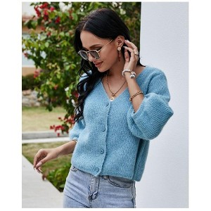 Coolmee Women's Furry Cropped Cardigan 3/4 Long Sleeve V-Neck Button Down Loose Casual Knit Sweater Tops - 1 of 4