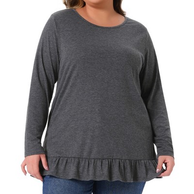 Agnes Orinda Women's Plus Size Ruffled Hem Crew Neck Long Sleeve Flowy Casual Tunic Tops with Pockets
