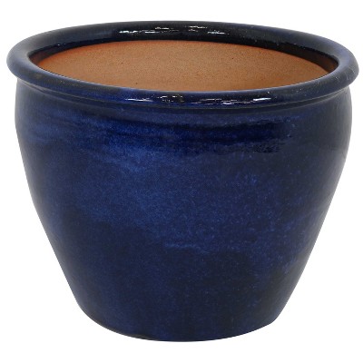 Sunnydaze Chalet Outdoor/Indoor High-Fired Glazed UV- and Frost-Resistant Ceramic Planter with Drainage Holes - 15" Diameter - Imperial Blue