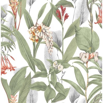 Botanical Powder White and Green Leaves Tropical Paste the Wall Wallpaper