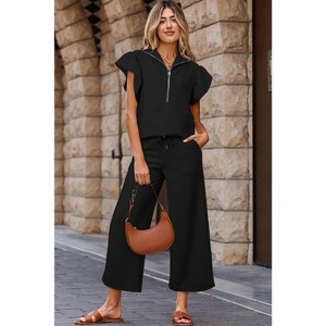 Textured Ruffled Sleeve Zipped Top and Wide Leg Pants Set - 1 of 1