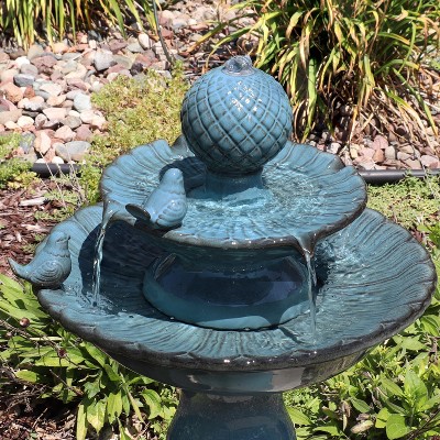 Blue Ceramic 27" 2-Tier Outdoor Fountain with Birds