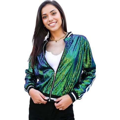 Anna-kaci Women's Striped Long Sleeve Stripe Down Metallic Sequin Varsity  Jacket : Target