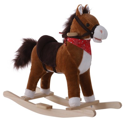 Qaba Kids Ride on Rocking Horse Plush Toy with Realistic Sounds and Red Scarf for Over 3 Years Old Birth Gift