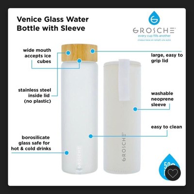 Grosche Venice Glass Water Bottle with Bamboo Lid and Protective Sleeve, 22.6 Fl-Oz. Capacity, Frosted