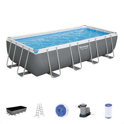 Bestway Power Steel 18' x 9' x 48" Rectangular Metal Frame Above Ground Swimming Pool Set with 1,500 GPH Filter Pump, Ladder, and Pool Cover