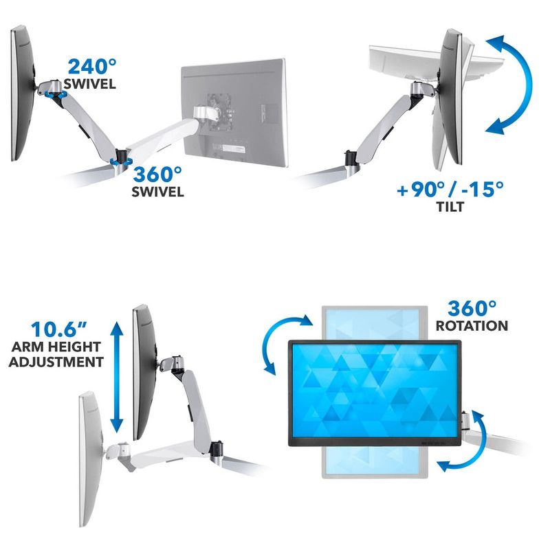 Mount-It! Quad Monitor Desk Mount for 4K, 3D, LCD or LED, 13 Inch - 24 Inch Screen Sizes, Gas Spring Arm Design, 80 Lbs. Capacity, Silver, 4 of 11