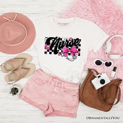 Nurse Floral Coquette Pink Bow T-Shirt, Retro Stethoscope Checkered Tee| OrnamentallyYou