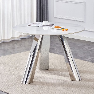 Sapphtopaz 42" Round Dining Table with Marble Top Stainless Steel Leg Kitchen Table for Dining Room, Small Spaces