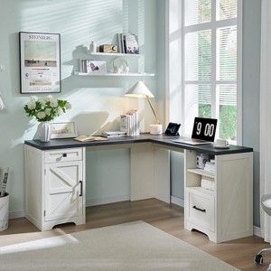 SinCiDo 59" L Shaped Desk with File Cabinet, Farmhouse Home Office Work Desk with Storage Cabinet & Charging Station, Study Writing Desk - 1 of 4