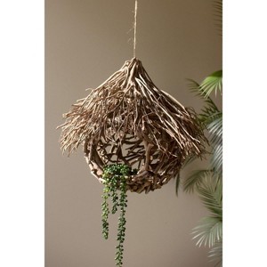 Tea Twig Round Wood Birdhouse 18"H – Rustic Thatch Roof Hanging Garden Accent for Porch or Patio by Kalalou - 1 of 4
