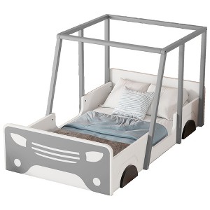 Car-Shaped Bed Frame Twin Size, Fun Playhouse Wooden Platform Bed With Roof, Wheels And Door, With Safe Guardrails - 1 of 4