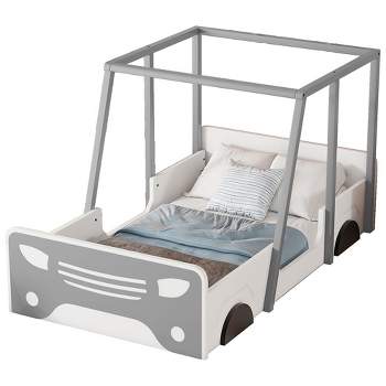 Car-Shaped Bed Frame Twin Size, Fun Playhouse Wooden Platform Bed With Roof, Wheels And Door, With Safe Guardrails